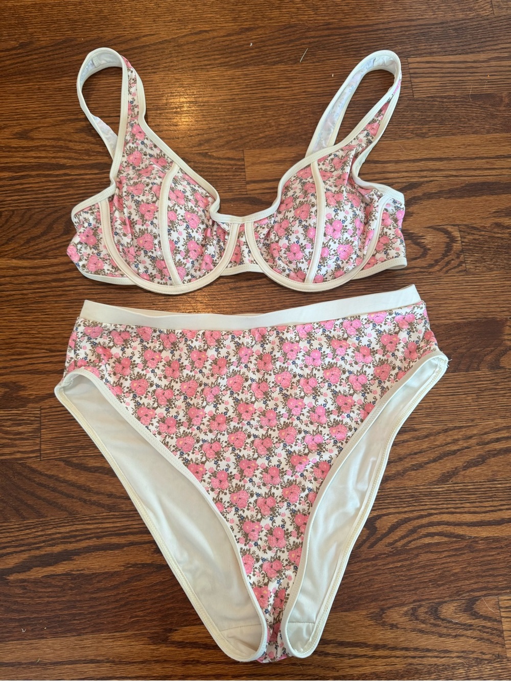 Caroline Constas Floral High-Waist Underwire Bra & Brief Set in Pink XL